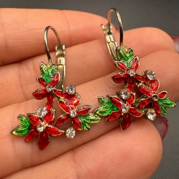 Jewelry - Poinsettia Floral Red and Green Silver Tone Earrings Holiday